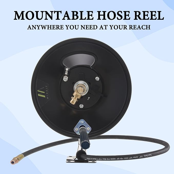 M MINGLE High Pressure Washer Hose Reel 150ft x 3/8" / 300ft x 1/4" | Heavy Duty Steel Hose Reel, Manual Crank Power Washer Hose Reel with Swivel Arm and Mounting Bracket, 4000 PSI