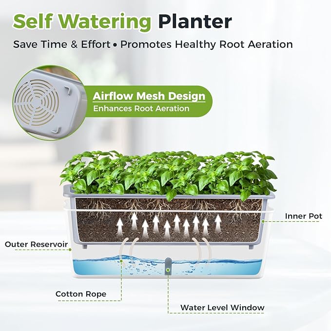 4 Pack Rectangular Planter 17 x 4.5 in Self Watering Planter Window Sill Planters Indoor Rectangle Planter Self Watering Pots Plastic Plant pots with Drainage Holes White Flower Pot Indoor