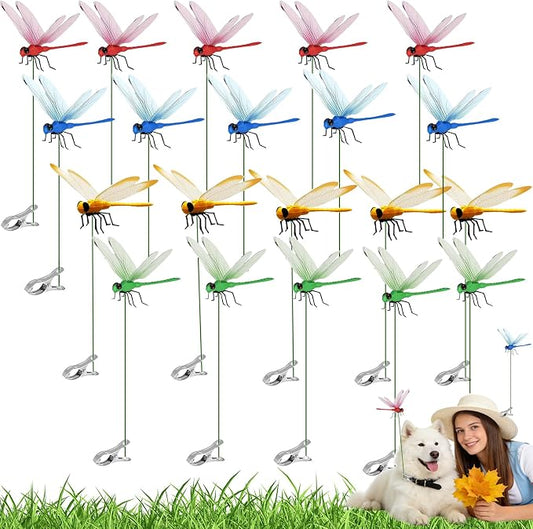 20pcs Dragonfly Clips, Realistic Fake Dragonflies Clip-On Waterproof PVC Garden Outdoor Decor Stakes Plastic Dragon Fly Clips Plant Decorations for Garden & Patio Enhancement