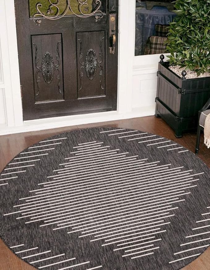 Unique Loom Outdoor Modern Collection Area Rug - Tambor (13' Round, Charcoal Gray/ Ivory)