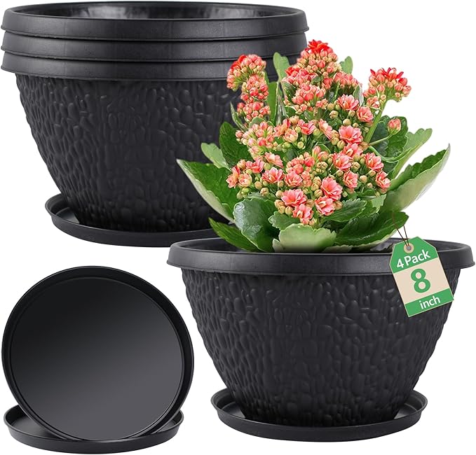 Nooulap 4 Pack 8 inch Plant Pots for Outdoor Indoor, Durable Flower Pots with Drainage, Indoor Outdoor Planters for Herbs Flowers (Black Pebbles Design)