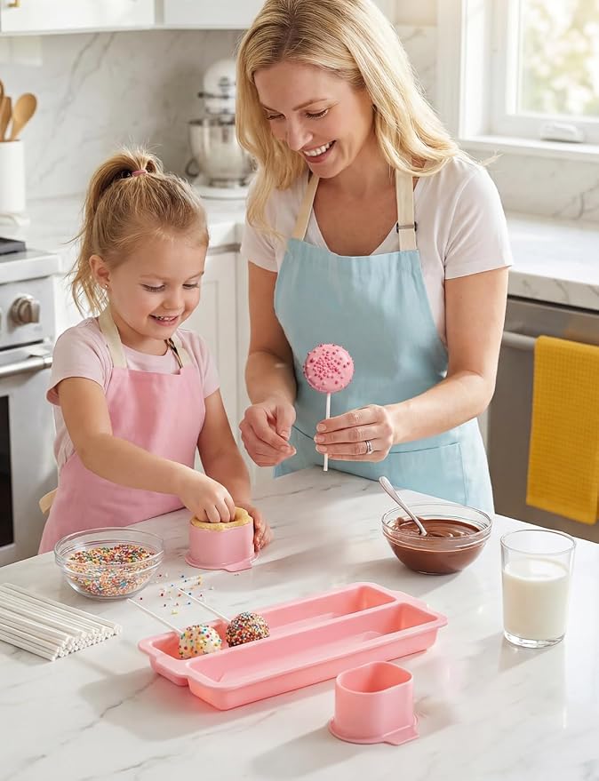 WDAHDHP Round Cake Pop Mold Set, Including 2Pcs Circle Cake Pop Cutter, 9 Inch Tray and 100Pcs Lollipop Sticks for Home Desserts Making Accessories, Pink