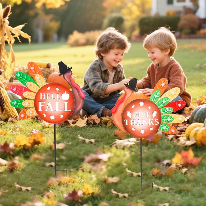 Fall Yard Decor Outdoor Autumn Harvest Garden Stakes with LED Light Autumn Two Turkeys Yard Sign with Stakes Fall Thanksgiving Decoration for Home Outside Lawn Garden Holiday Decor