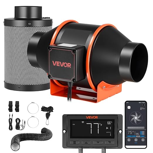 VEVOR Inline Duct Fan Kit Carbon Filter, 205 CFM 4 inch EC Motor Exhaust Ventilation Fan with 10-Speed, PWM Controller, App Control, Timer, Cooling System for Grow Tent, Indoor Gardening, Hydroponics
