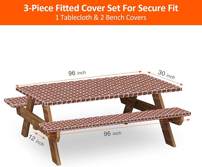 8ft Picnic Table and Bench Cover, Camping Essentials RV Gear, 96 in Waterproof Windproof Outdoor Elastic All Around Tablecloth, Fitted Rectangle Tables and Seats, Coffee-White Moroccan