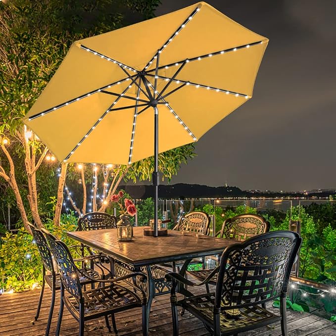 EliteShade USA 10-Year-Non-Fading 9ft Market Patio Umbrella, Commercial Grade Table Sun Umbrella with 80 Solar LED Lights, Crank Open, Windproof & UPF 50+ UV Protection for Garden, Deck, Pool, Backyard, Sunflower Yellow