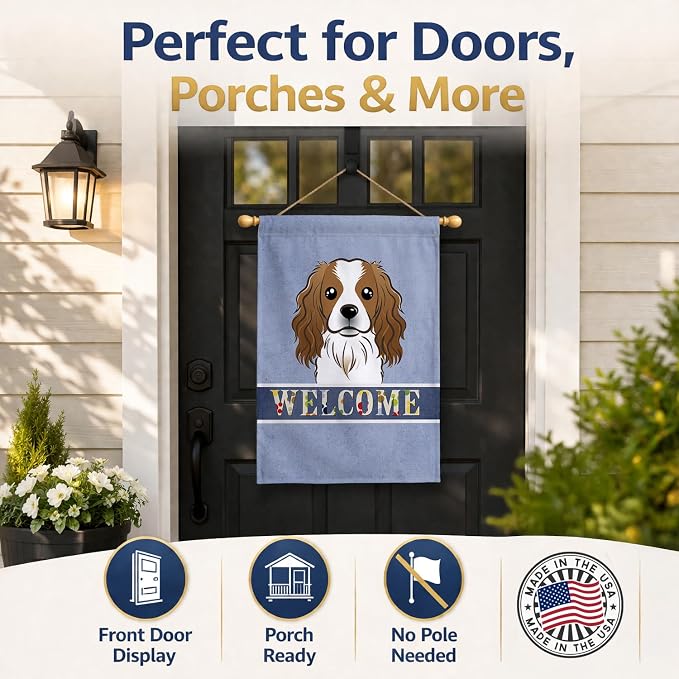 Caroline's Treasures BB1410CHF Cavalier Spaniel Welcome House Flag, Blue Large Porch Sleeve Pole Decorative Outside Yard Banner Artwork Wall Hanging, Polyester, House Size, Multicolor