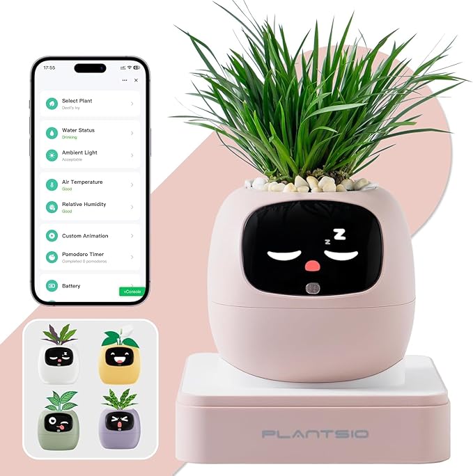 Smart Plant Pot with Visual Display – Soil Moisture, Water Level, Light & Battery Monitor, 80ml Self-Watering Reservoir, Supports 100+ Plants, Pomodoro Timer, Clock & Calendar (Blush)