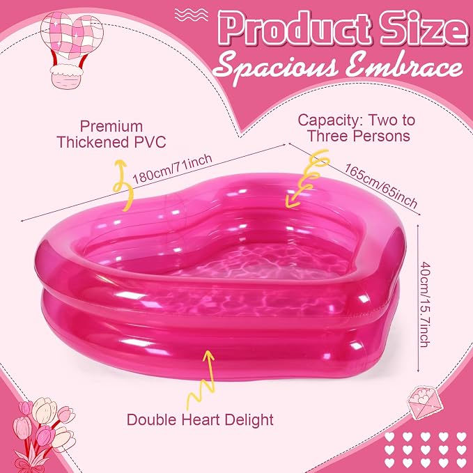 Skylety 70.9" x 65" x 15.8" Giant Heart Inflatable Swimming Pool, Year-Round Fun for Ball Pits, Fits 2-3 Adults with Patches, Swimming Pools, a Summer Pool Party and The Beach Date Night(Pink)