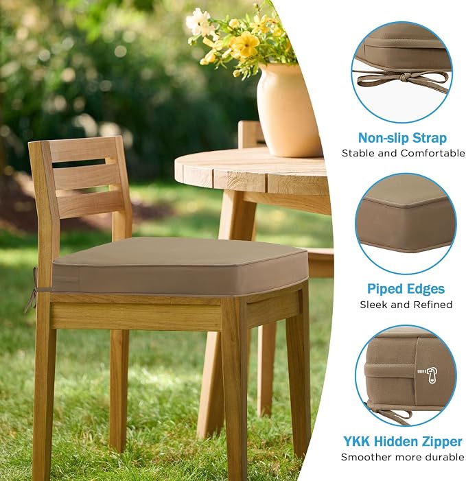 19 x 19 Inch Sunbrella Outdoor Chair Cushions with Tie Straps, Set of 4 Thick Water Repellent Square Patio Chair Pads for Garden Lawn Patio Furniture, Canvas Camel