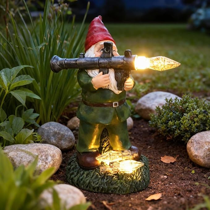 Large Garden Gnome Statue with Guns, Solar Military Army Soldier Guardian Hunter Gnome Garden Decoration Figurine Lights Porch Decor Valentine's Day Men Gift Scale War Combat Guards Patriotic Dwarves