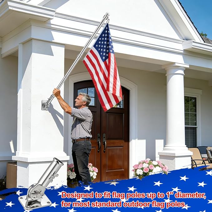 180° Adjustable Flag Pole Holder 316 Stainless Steel Marine Grade Heavy Duty Flag Pole Mount FlagPole Bracket for Outside House, Garden, Boat, Truck(Mounting Hardware Included)Fits 1" Flag Pole