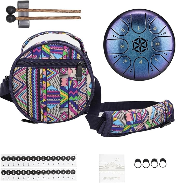 Rain Drum for Outside Garden, Steel Tongue Drum with Carry Bag, 5 Inch 8 Note Handpan Tank Drum Kit, C Major, Blue