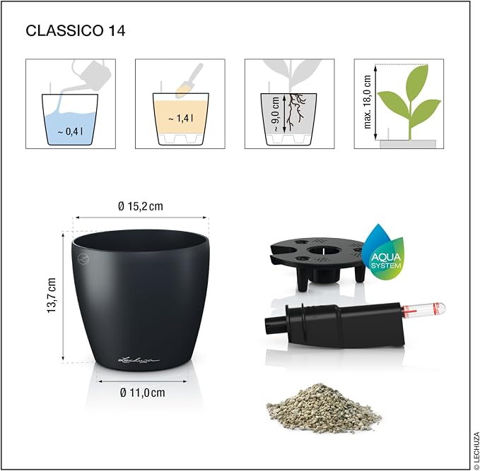 LECHUZA Classico Colour 14 Table Pot White Planter with Watering System, Water Level Indicator and Plant Insert, Matte Surface, Diameter 15 x 13.5 cm, 16696