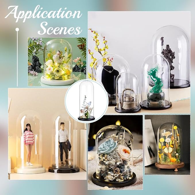BENECREAT 4.6x12inch Eternal Transparent Flower Glass Cover, Glass Display Dome Cloche Jar with Black Solid Wood Base for DIY Flower Craft