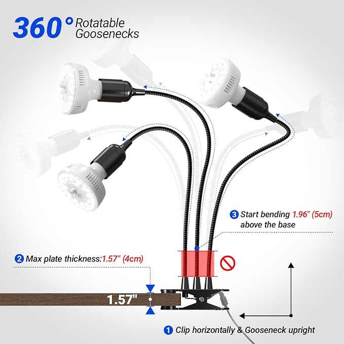 Barrina Orbgrow OG11A3 Clip On Grow Lights for Indoor Plants, Integrated Stepless Dimming & Timing, 5000K 33W(3 x 11W, 300 Watt Equiv), Full Spectrum 3-Gooseneck with E26 Plant Light Bulbs