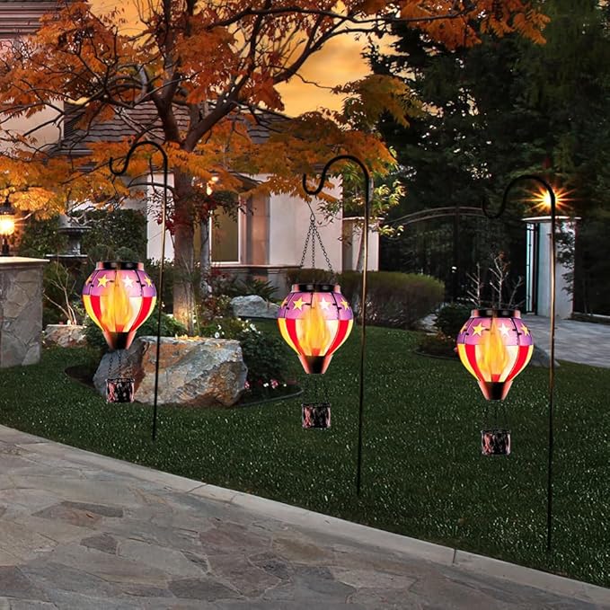 Hot Air Balloon Outdoor Lantern with Flickering Flame, Handmade Glass Solar Lantern with Flag Pattern Waterproof Lantern Lamp for Patio, Garden, Porch | Handmade Glass Outdoor Lantern, Flickering Flame, Waterproof Lantern Lamp for Patio, Garden, Porch,...