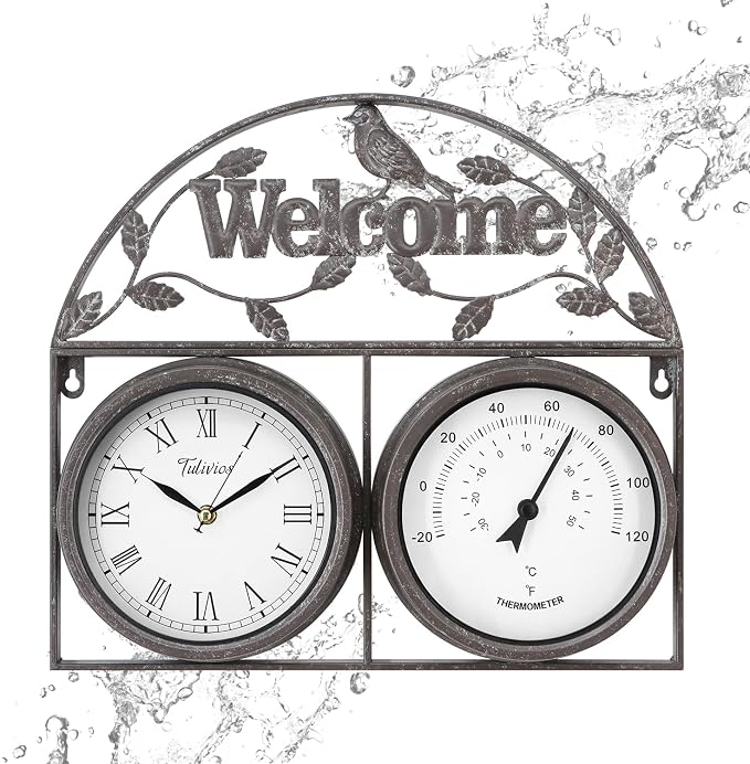 17Inch Large Outdoor Clock,Waterproof Wall Clock with Thermometer,Weatherproof Non-Ticking Quartz Battery Operated Decor Clock for Patio,Garden,Pool,Porch,House Warming Gifts