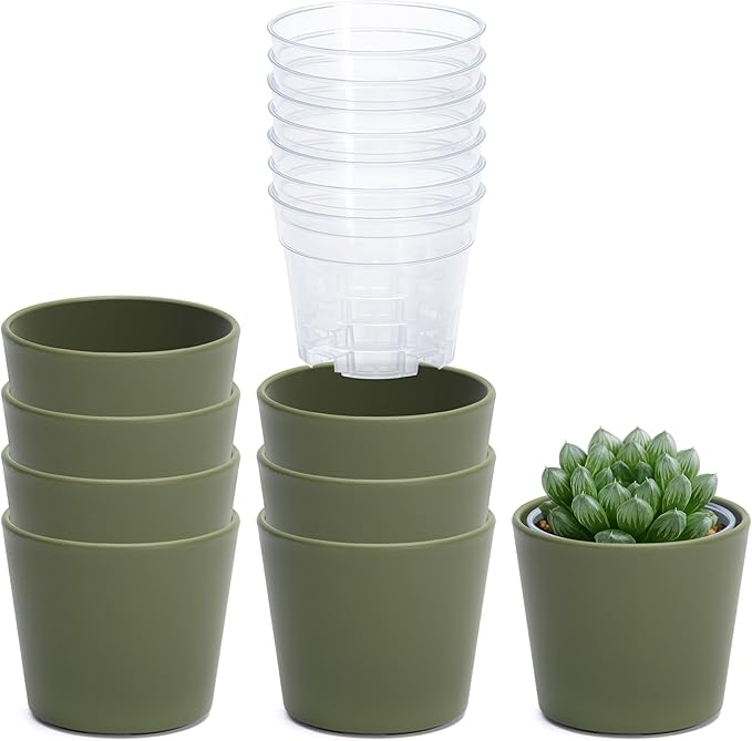 Phoenix Vine 3.5 Inch Olive Plastic Cachepot with Clear Nursery Pot, Decorative Lightweight Planter Cover with Transparent Inner Pot for Indoor Houseplants, Pack of 8, 24-A-F-8