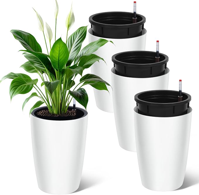 16" Tall Planter Set of 4, Self Watering Pots, Large Planter for Indoor Outdoor Plants, Built-in Drainage and a Water Level Monitor, Tall Planters for Patio, Porch, Living Room, Home Office, White