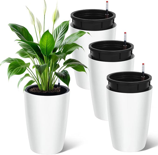 16" Tall Planter Set of 4, Self Watering Pots, Large Planter for Indoor Outdoor Plants, Built-in Drainage and a Water Level Monitor, Tall Planters for Patio, Porch, Living Room, Home Office, White