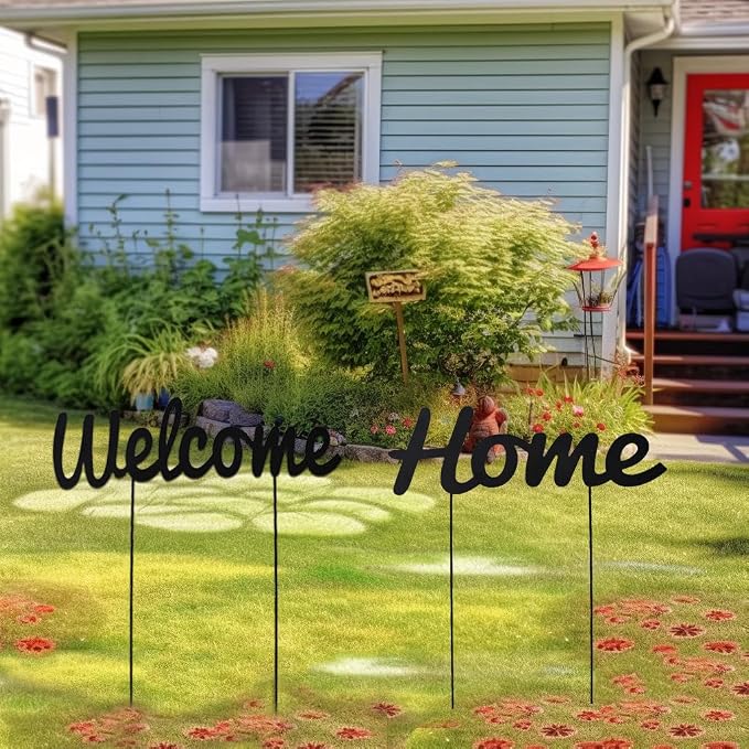 Metal Letter Welcome Yard Sign with Stake Outdoor Decorations Garden Lawn Front Porch Outside Letter Yard Sign Garden Stake Decor (Welcome Home)