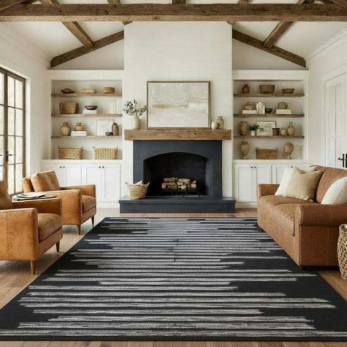 GarveeHome Large Area Rug 9x12 Modern Striped Non Slip Stain Resistant Washable Rug for Living Room Dining Room Bedroom Guest Room Home Office Low Pile Soft Carpet Kids&Pets Friendly, Black
