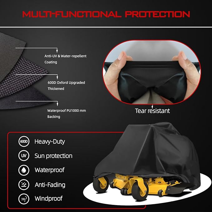 Lawn Mower Cover, Heavy Duty 600D Oxford, Waterproof Outdoor, Weather Resistant, Rip-Proof, Anti-UV, Raing-proof, Sun Block, Heatresistant with 1 Windproof Strap, 1 Storage Bag (Zero-Turn)