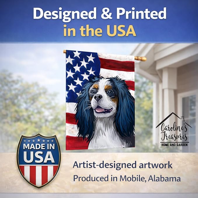 Caroline's Treasures CK6591CHF King Charles Spaniel American Flag House Flag Large Porch Sleeve Pole Decorative Outside Yard Banner Artwork Wall Hanging, Polyester, House Size, Multicolor