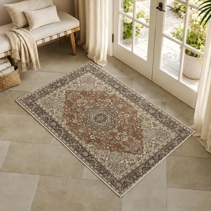 2x3 Area Rug Washable Vintage: Non Slip Throw Rugs for Entryway | Indoor Door Mat for Kitchen Soft Low Pile Thin Small Carpet for Hallway Bedroom Dining Room Home Office Decor