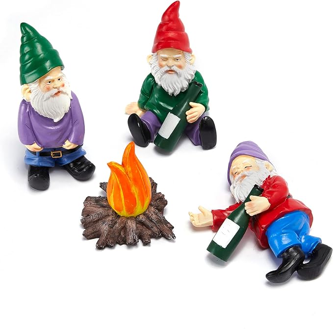 Extra Large Drunk Garden Gnomes Figurines | Set of 4 | Funny Dwarf Knomes Around Fire Pit, Adorable Naughty Drunken nombs Indoor & Outdoor Decor - Patio, Porch, Yard Lawn Art (Naughty Firepit Set)