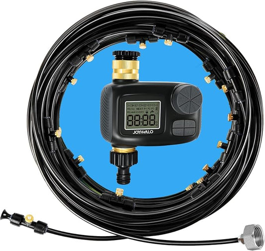 joyhalo Misters for Outside Patio with Automatic Sprinkler Timer, 50FT Misting System Line,17 Mist Nozzles,Water Filter,Brass Adapter(3/4"), Outdoor Plant Misters for Patio Cooling Garden Greenhouse