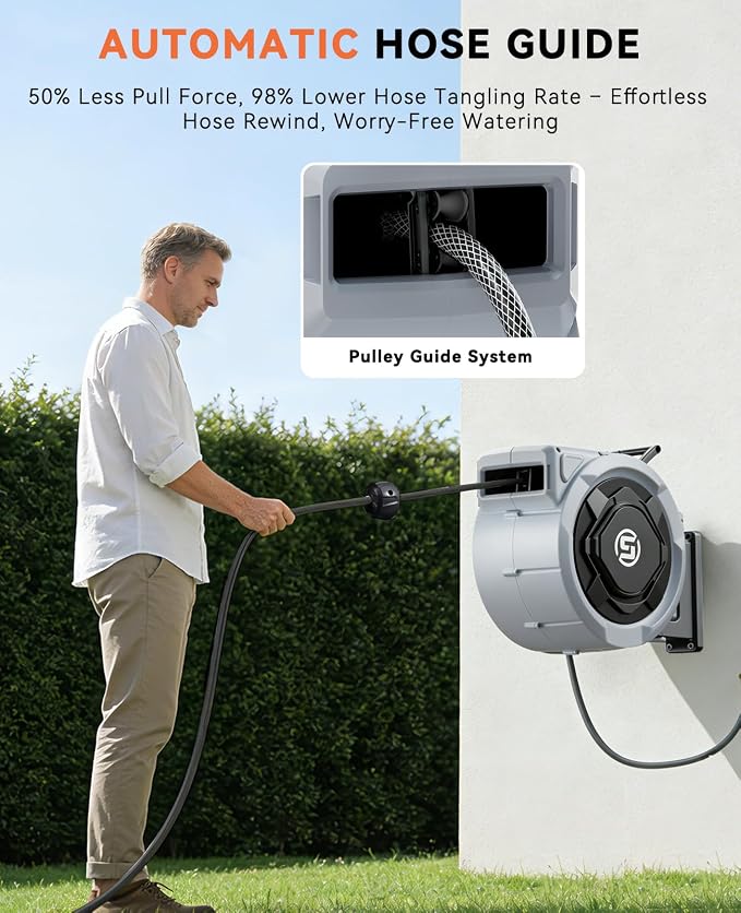 SUNPOW Retractable Garden Hose Reel - 1/2" x 150ft Wall Mounted Hose Reel with 3/4'' Brass Fitting & 10-Pattern Nozzle - Auto Slow Retraction, Any-Length Lock, 180°Swivel for Lawn & Gardening