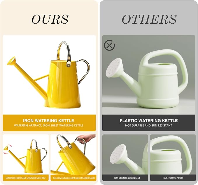Metal Watering Can with Stainless Steel Handle for Outdoor and Indoor Plants, Watering Can Decor, 1.5 Gallon (Yellow)