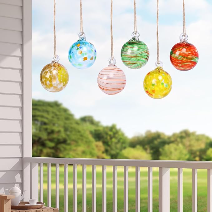 VCUTEKA Hanging Garden Gazing Balls, Glass Witch Ball for Outdoor Decor, 3" | 6pcs Hanging Gazing Balls, Hand-Blown Witch Ball Ornament Colorful Swirl Garden Globe for Outdoor Garden Lawn Yard Decorative