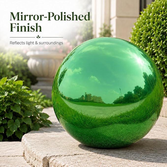 Gazing Ball Garden Mirror Outdoor - 10 Inch Outside Decorative Globe, Green | Metal Polished Reflective Sphere, Stainless Steel Hollow Decoration Ornament for Home Pond Swimming Pool Housewarming Gift