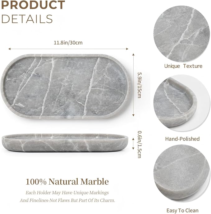 Genuine 100% Natural Marble Tray, Luxury Glacier Grey Stone Vanity Tray | 11.8" x 5.9" Decorative Oval Trays for Countertop Storage, Bathroom, Dresser, Kitchen, Home Decor, Jewelry Makeup Organizer