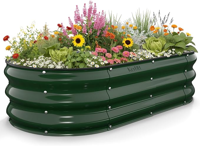 Kesfitt Raised Garden Bed, 4x2x1 FT Galvanized Steel Metal Raised Garden Bed, Oval Open-Bottom Design, 12-Inch Deep for Outdoor Vegetable & Herb Gardening, Forest Green