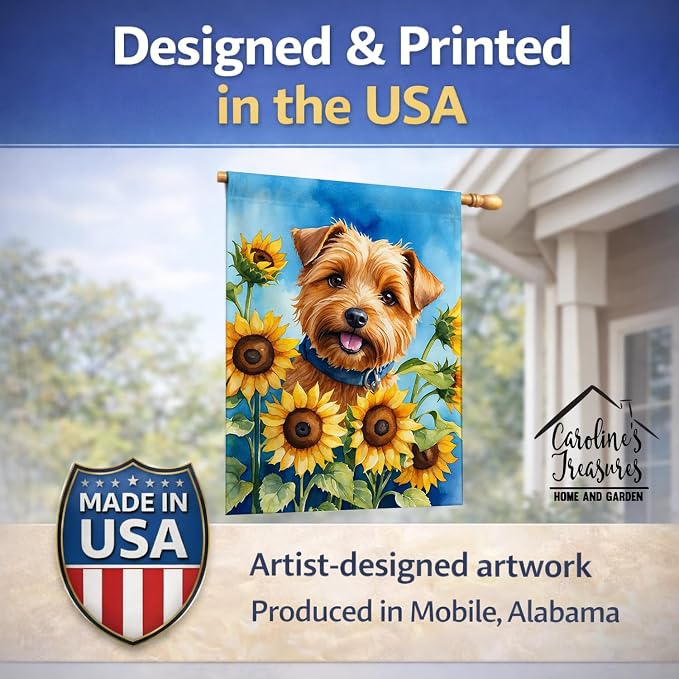 Caroline's Treasures DAC6125CHF Norfolk Terrier in Sunflowers House Flag Large Porch Sleeve Pole Decorative Outside Yard Banner Artwork Wall Hanging, Polyester, House Size, Multicolor