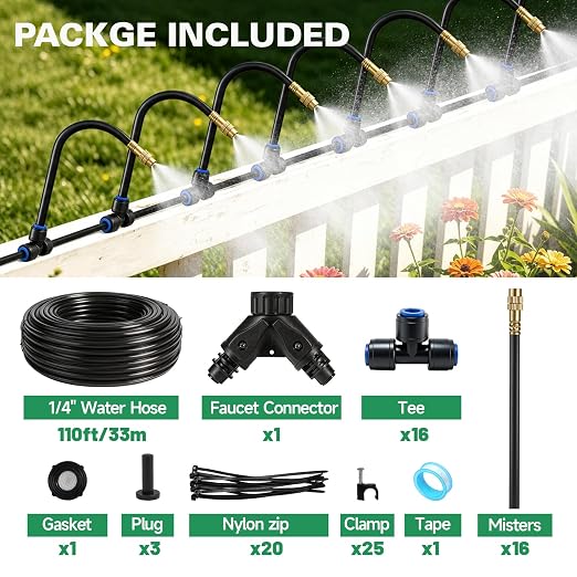 Riboud 110Ft Drip Irrigation System, 2026-Upgrade Garden Watering Kit with 16 Adjustable Copper Rotating Arm Nozzles, 360° Flexible Spray Irrigation Kit for Raised Beds, Lawn, Greenhouse