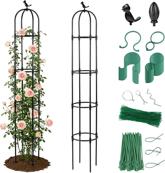 Lancisism Garden Obelisk Trellis for Climbing Plants Outdoor - 6.3 Ft Plant Support Round Trellis for Potted Plants Indoor - Rustproof Plastic Coated Tomato Cage for Vines Flowers Fruits Vegetable