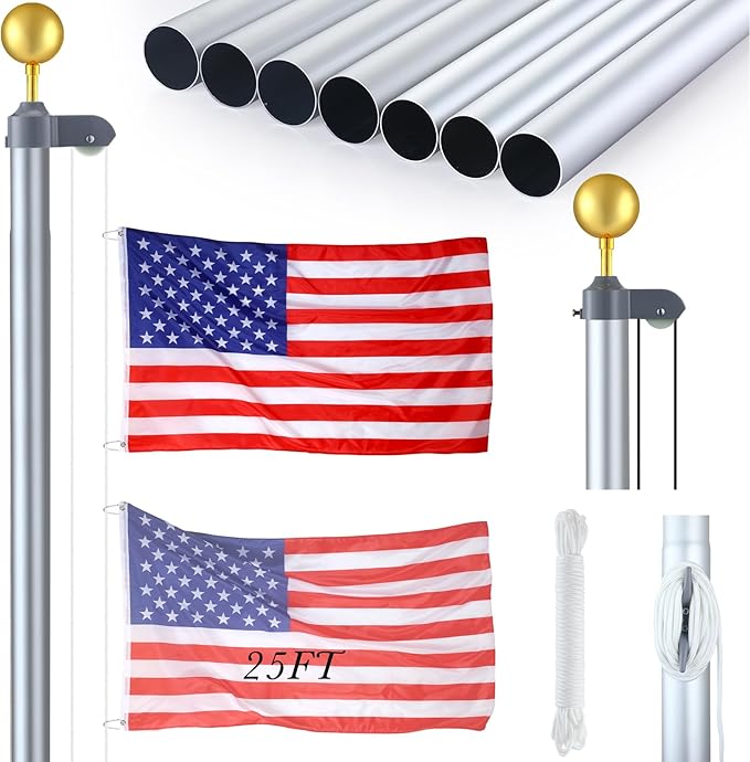 FuWeave Flagpoles for Outside House in Ground 25 ft Sectional Flag Pole Kit Extra Thick 16 Gauge Heavy Duty Aluminum Flag Pole with Gold Ball Top for Residential or Commercial (Silver)