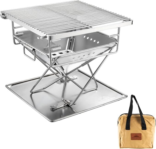 CAMPINGMOON Portable Charcoal Grill 9.65 Inch Stainless Steel Tabletop Grill Fire Pit 3 Level Adjustable Height Grill for Camping Outdoor Cooking Barbecue Carry Bag X-MINI-PRO