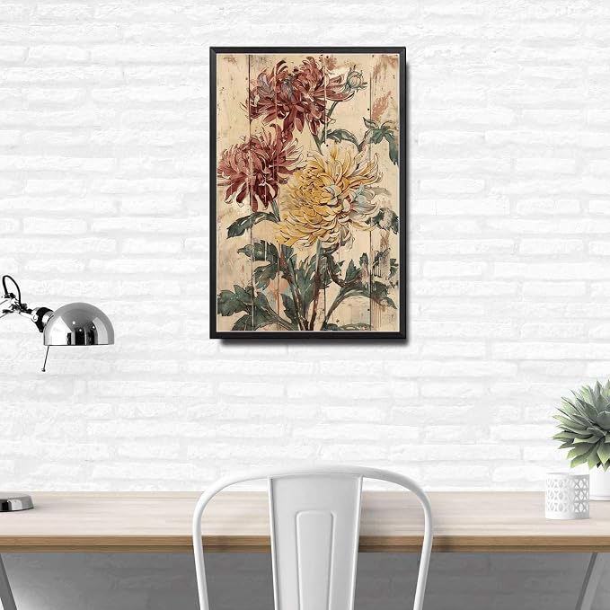 Metal Sign Tin Sign Vintage Wall Art Autumn's Antique Beauty Chrysanthemum Tin Sign for Vintage Wall Art Rustic Charm and Shabby Chic Outhouse Wall Decor for Pub 6×8 Inches with Metal Frame