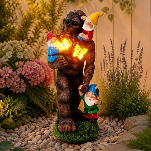 13Inch Gorilla Statue Bigfoot Holding Dwarf Sculpture with Butterfly Garden Accessories Decorative Gifts for Father's Day Bigfoot and Gnomes for Fairy Garden