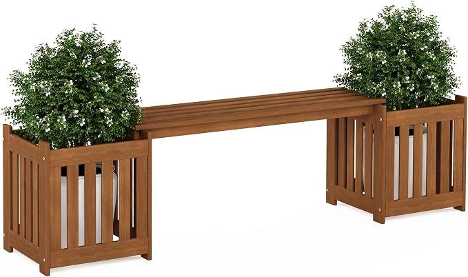 Furinno TIOMAN Planter Box with Bench, Hardwood Flower Box with Seat, Cube Garden Box, in Teak Oil, Outdoor Indoor, Garden, Patio, Balcony, Light Wood