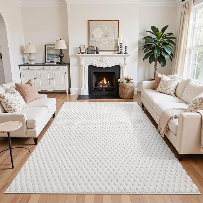 5x8 Area Rug for Living Room, White Washable 3D Bubble Bedroom Rug | Non Slip High Low Pile Hexagon Floor Mat for Dorm, Modern Soft Fluffy Carpet for Dining Room, Office and Nursery