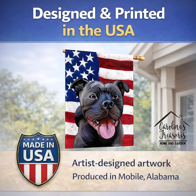 Caroline's Treasures CK6724CHF Staffordshire Bull Terrier American Flag House Flag Large Porch Sleeve Pole Decorative Outside Yard Banner Artwork Wall Hanging, Polyester, House Size, Multicolor