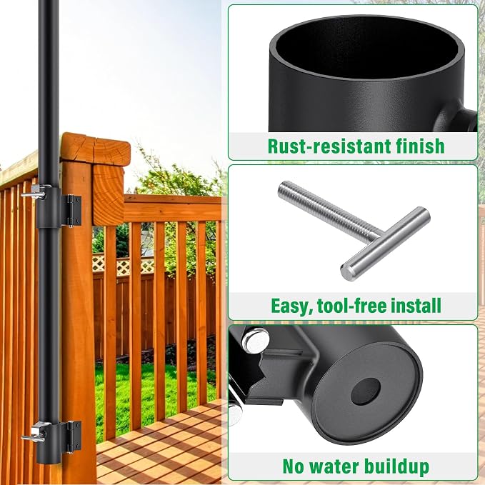 Heavy Duty Deck Railing Umbrella Holder, Adjustable Patio Umbrella Stand for 1-2 Inch Poles, Post Flat & Right Angle Mount, Maximizes Deck Space