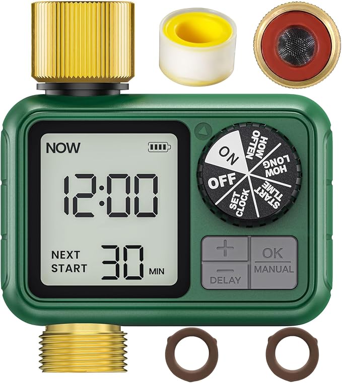 Water Timer for Outdoor Garden Hose, Sprinkler Timer for Garden Faucet with Auto/Manual/Rain Delay Mode, Sprinkler Irrigation Controller for Yard Lawn (1 Zones Brass Inlet & Outlet)